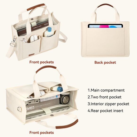 Durable Beige Canvas Tote with Magnetic Closure - Perfect for Laptop & Daily Use - Picture 4 of 6